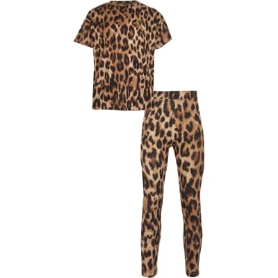 Girls brown leopard print t-shirt outfit | River Island