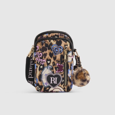 Girls Brown Leopard Printed Crossbody Bag