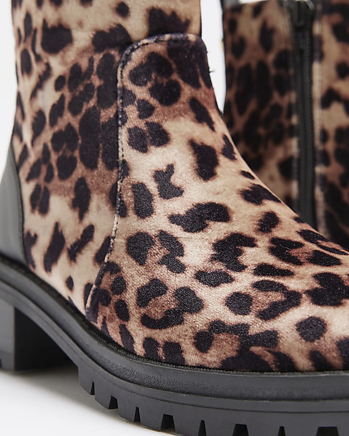Girls Brown Leopard Velvet Heeled Boots