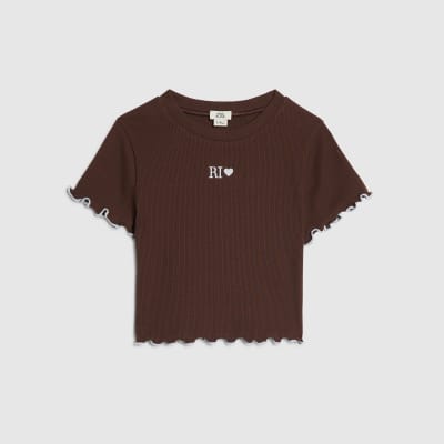 Girls Brown Lettuce Hem Crop T-Shirt