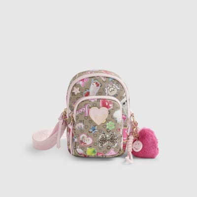 Girls Brown Monogram Sticker Cross Body Bag