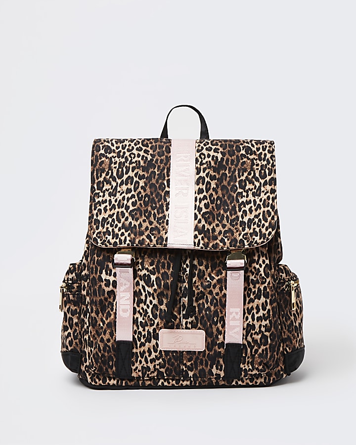 Girls brown nylon leopard utility bag