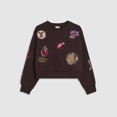 Girls Brown Quirky Embellished Sweatshirt