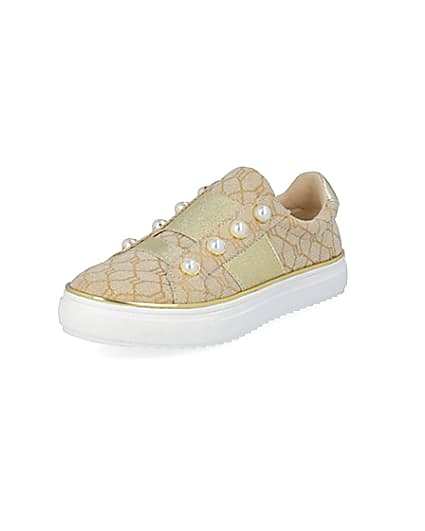 360 degree animation of product Girls brown RI jacquard pearl trainers frame-0