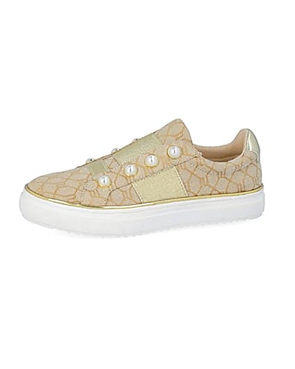 360 degree animation of product Girls brown RI jacquard pearl trainers frame-2