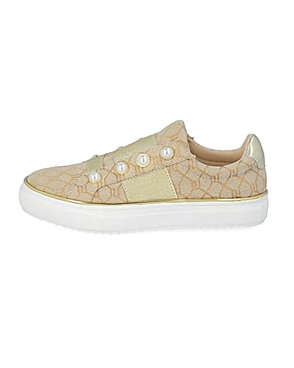 360 degree animation of product Girls brown RI jacquard pearl trainers frame-3