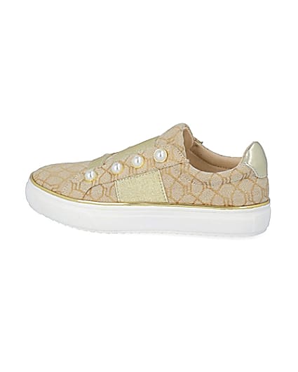 360 degree animation of product Girls brown RI jacquard pearl trainers frame-4