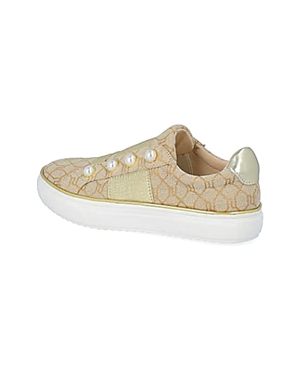360 degree animation of product Girls brown RI jacquard pearl trainers frame-5