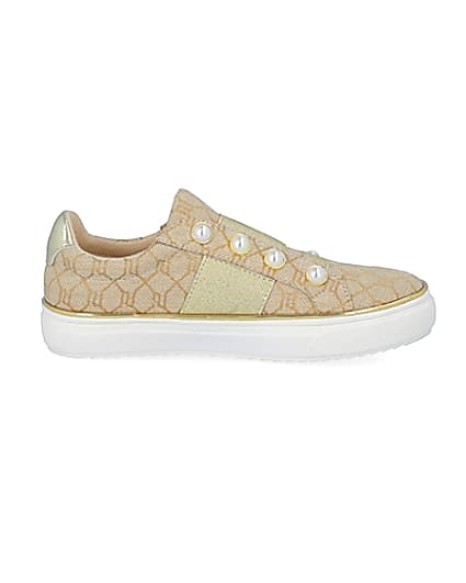 360 degree animation of product Girls brown RI jacquard pearl trainers frame-15