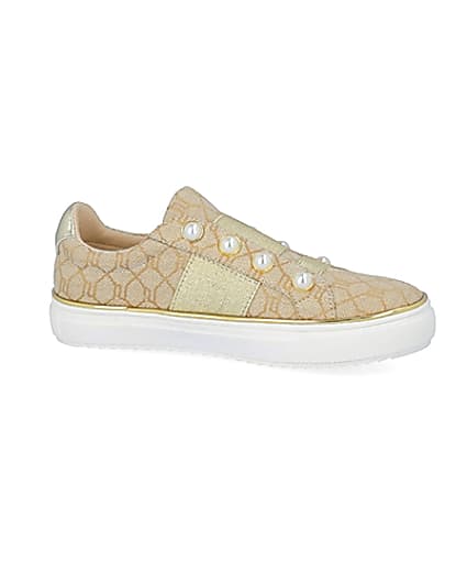 360 degree animation of product Girls brown RI jacquard pearl trainers frame-16