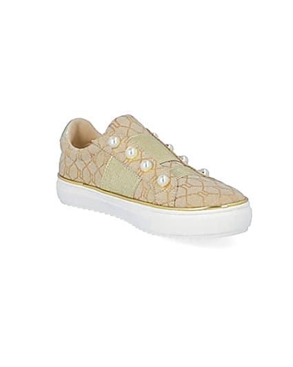 360 degree animation of product Girls brown RI jacquard pearl trainers frame-18