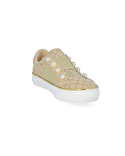 360 degree animation of product Girls brown RI jacquard pearl trainers frame-19
