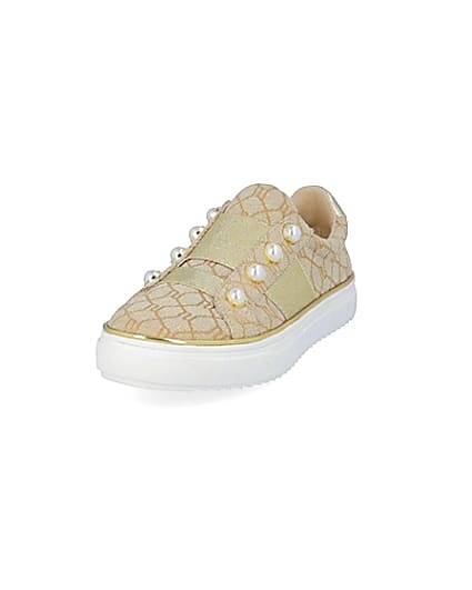 360 degree animation of product Girls brown RI jacquard pearl trainers frame-23