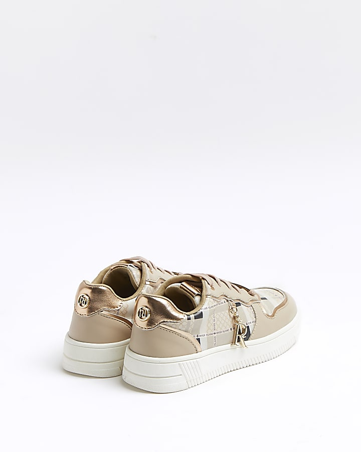 Girls brown RI lace up charm check trainers