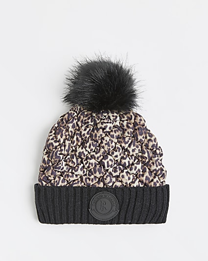 Girls brown RI leopard padded beanie hat