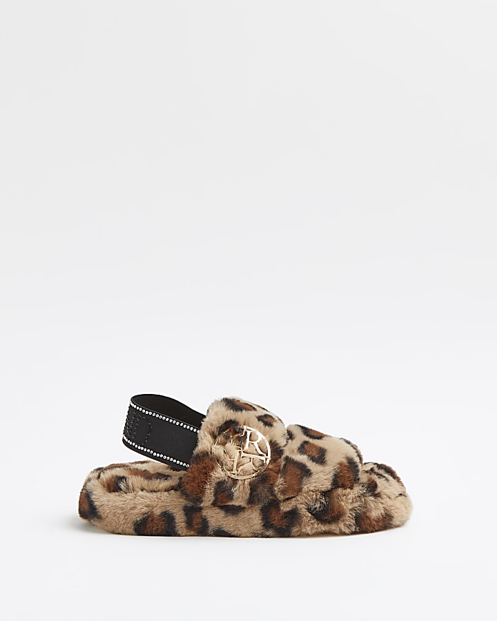 Girls brown RI leopard print slippers