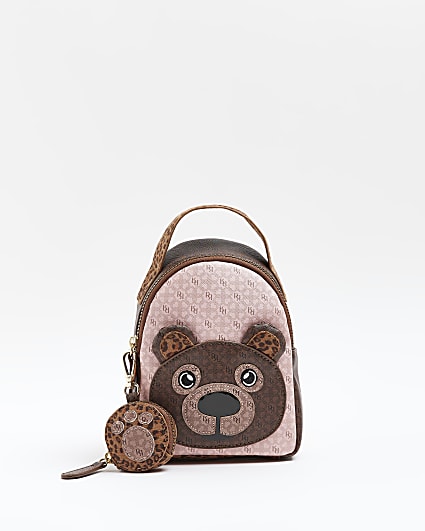 Girls Brown RI Monogram Bear Backpack