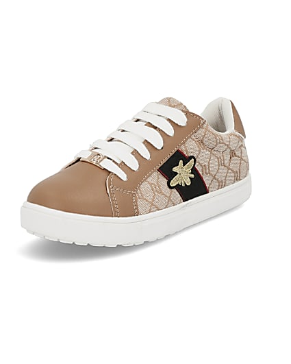 360 degree animation of product Girls brown RI monogram bee trainers frame-3