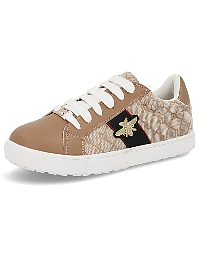 360 degree animation of product Girls brown RI monogram bee trainers frame-4