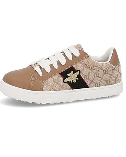 360 degree animation of product Girls brown RI monogram bee trainers frame-5