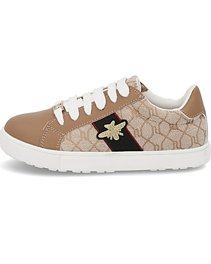 360 degree animation of product Girls brown RI monogram bee trainers frame-6