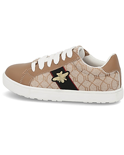 360 degree animation of product Girls brown RI monogram bee trainers frame-7