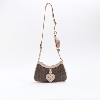 River Island Monogram Pouchette Cross Body Bag in Brown