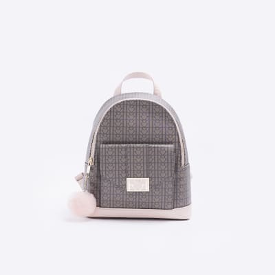Girls Brown RI Monogram Pom Pom Back Pack