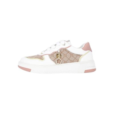 360 degree animation of product Girls Brown RI Monogram trainers frame-3