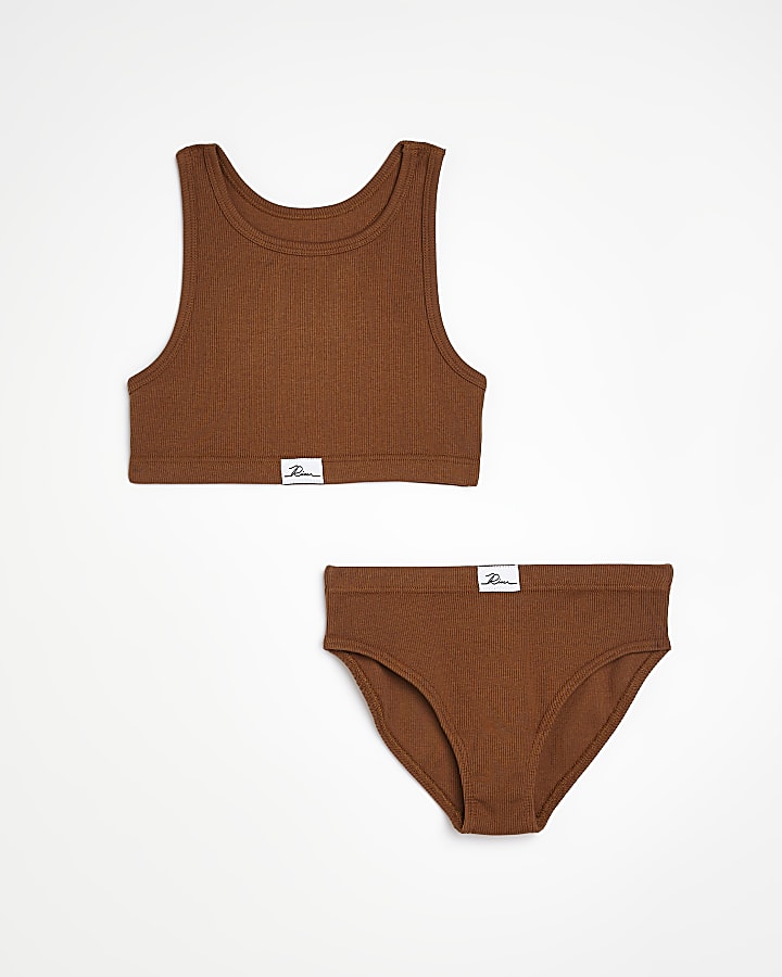 River Island Girls Clothing Tops Crop Tops Girls brown ribbed crop top and brief set 
