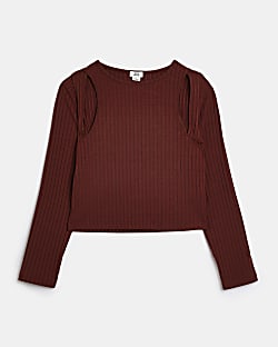 Girls Brown Ribbed Long Sleeve Cut Out Top