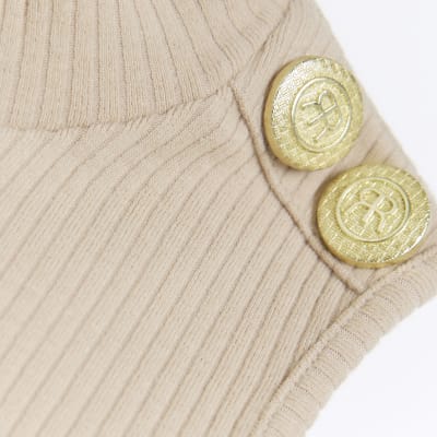 Girls brown ribbed military button bodysuit