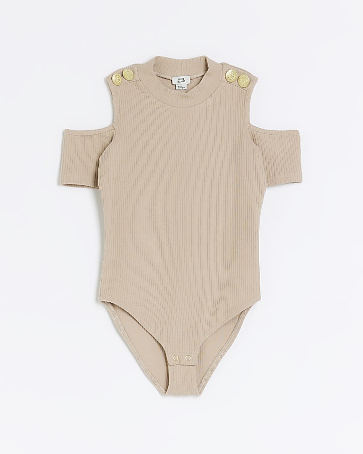 Girls brown ribbed military button bodysuit