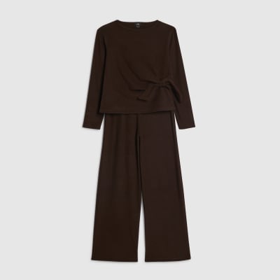 Girls Brown Ribbed Sweatshirt & Trouser Set