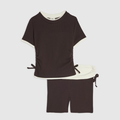 Girls Brown Ruched Ribbed Top And Shorts Set