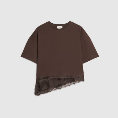 Girls Brown Satin Lace Hem T-Shirt