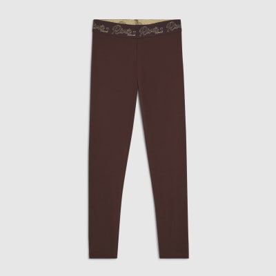 Girls Brown Script Waistband Leggings