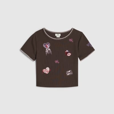 Girls Brown Sequin Embroidered T-Shirt
