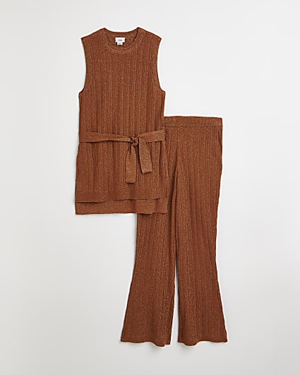 Girls brown shimmer top and flares outfit