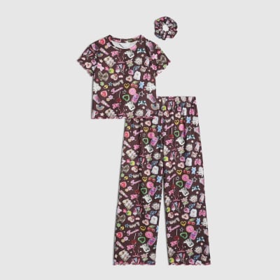 Girls Brown Sticker Print Pyjamas Set
