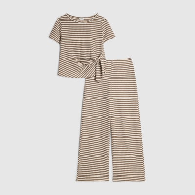 Girls Brown Stripe Knot T-Shirt & Trouser Set