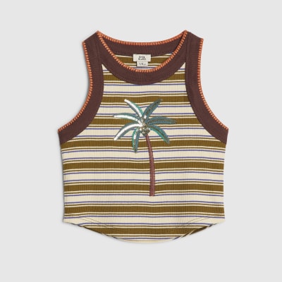 Girls Brown Stripe Sequin Palm Tree Tank Top