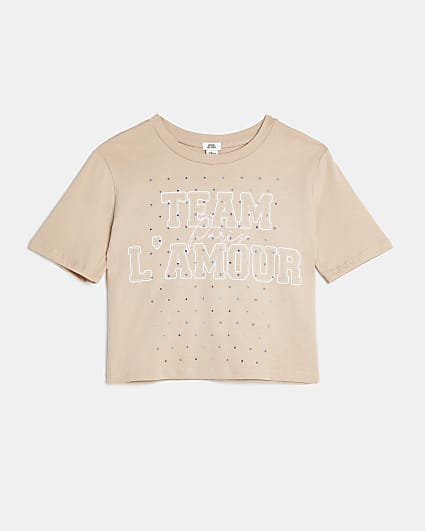 Girls brown 'Team L'amour' print t-shirt
