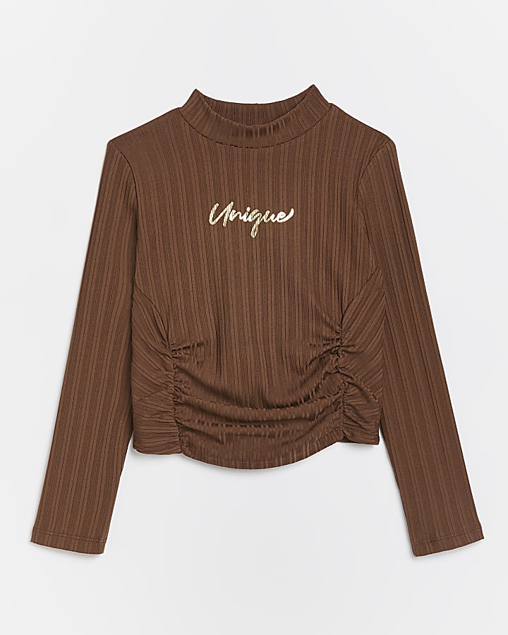 Girls brown 'Unique' ruched long sleeve top
