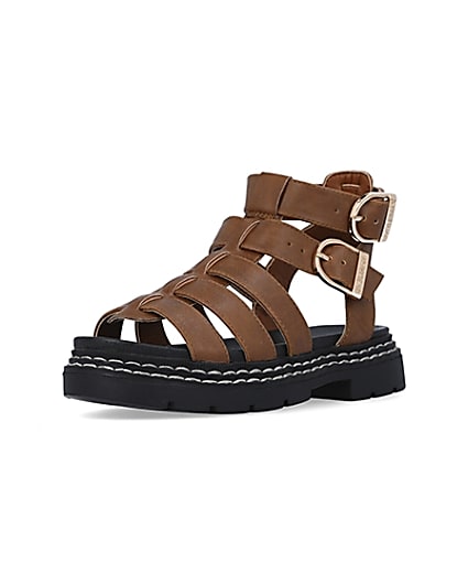 360 degree animation of product Girls brown wide fit gladiator sandals frame-0