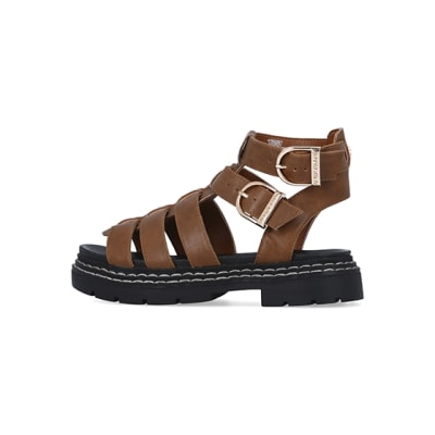 360 degree animation of product Girls brown wide fit gladiator sandals frame-4