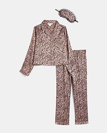 Girls Brown Zebra Print Satin Pyjama Set
