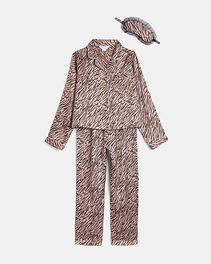 Girls Brown Zebra Print Satin Pyjama Set