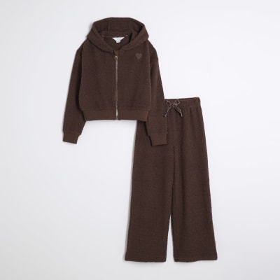 Girls Brown Zip Hoodie Loungewear Set