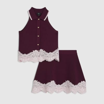 Girls Burgundy Lace Hem Polo Top Set